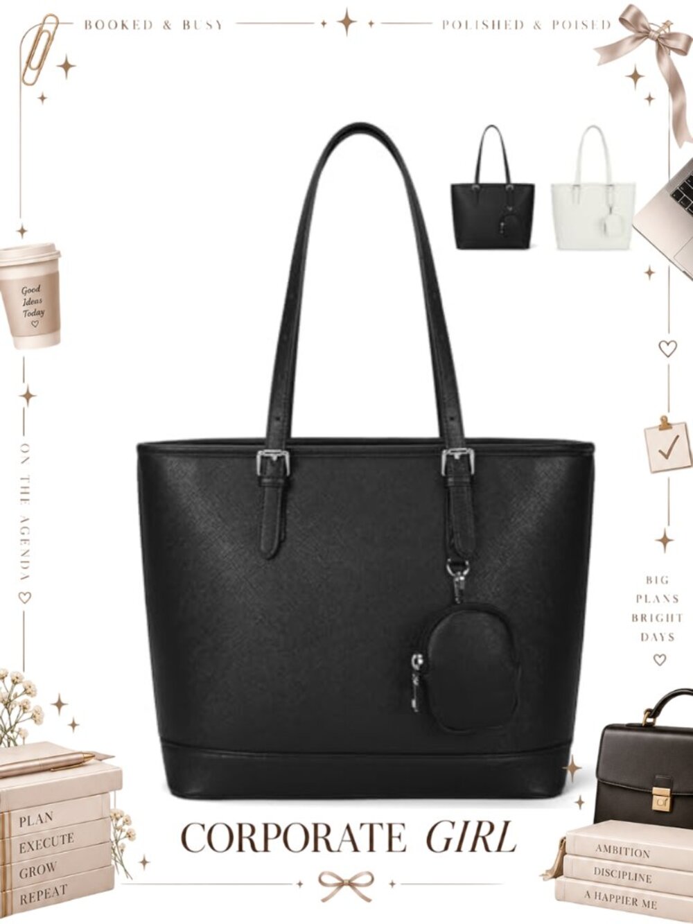 Large PU Leather Tote Bag with Removable Pouch
